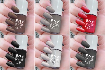 SNV finest nail lacquer premium shine nail polish combo set Long Lasting Latte Brown,Grey,Candy Red,Black,Pastel Grey,Smokey Grey(Pack of 6)
