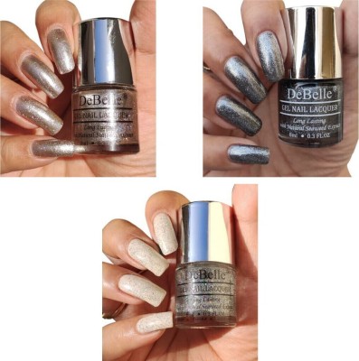 DeBelle Gel Nail Lacquer 8ml each Combo kit of 3 Sparkling Dust, Grey Glitteratti , Shimmer Top Coat