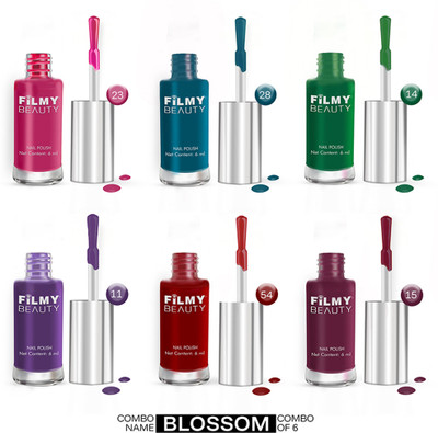 Filmy Beauty Set of 6 Nail Polish – Blossom BARBIE PINK, TEAL BLUE, FOREST GREEN, TRUE PURPLE, CHERRY RED, MAUVE PURPLE,(Pack of 6)