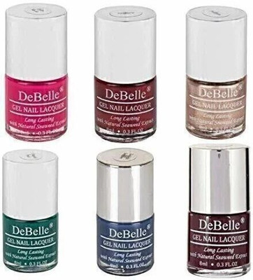 DeBelle Nail Polish Combo Set Of 6 Tulip Sheen (Dark Pink), Antares (Deep Maroon Pearl ), Pandora (Blush Rose Gold Glitter), Hyacinth Folio (Bottle Green), Twilight Sapphire (Pastel Navy Blue), Glamorous Garnet (Dark Maroon)(Pack of 6)