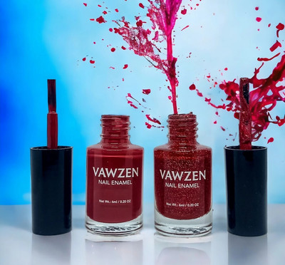 VAWZEN Nail Enamel, Chilly Red BH04, Katty Red Glitter BH03, High Shine, Quick Drying maroon(Pack of 2)