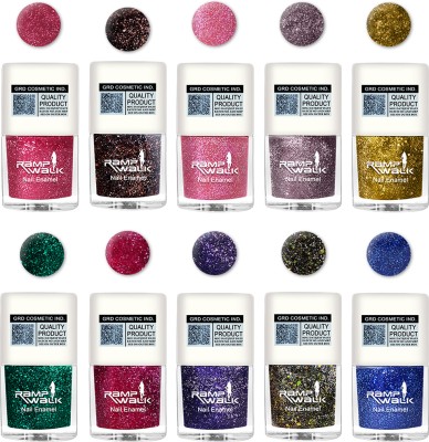 Ramp Walk High Gloss Glitter Nail Polish Quick Dry & Long Lasting 5 ml each Green Olive,Blue,Royal Blue,Muave,Copper,Red,Light Pink,Pink,Golden,Green(Pack of 10)