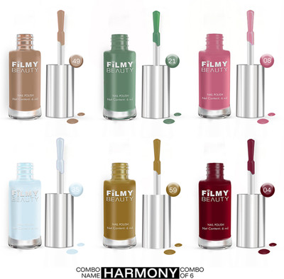 Filmy Beauty Set of 6 Nail Polish – Harmony BISCUIT BROWN, SAGE GREEN, FLAMINGO PINK, ICE BLUE, TEAK BROWN, BURGUNDY RED(Pack of 6)