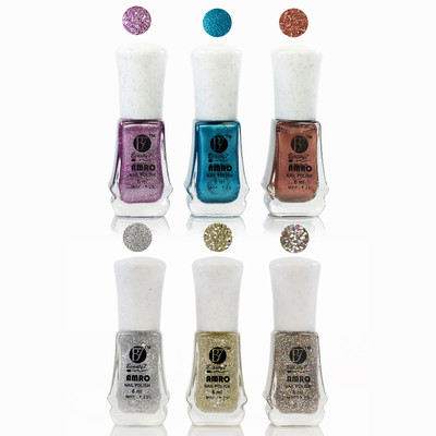 Beauty7 Amro Glitter Nail Polish Combo Set, Long Lasting Nail Paint For Women & Girls / Purple, Blue, Rust, Silver, Gold, Multi(Pack of 6)