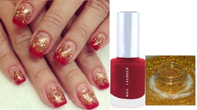 HUZURLU Quick Drying Glossy Long Stay Red Nail Paint with Mini Glitter Gold For Women RED(Pack of 2)