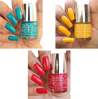 DeBelle Nail Polish Combo of 3 (Turquoise Blue, Yellow, Red) Caramelo Yellow, French Affair, Royale' Cocktail