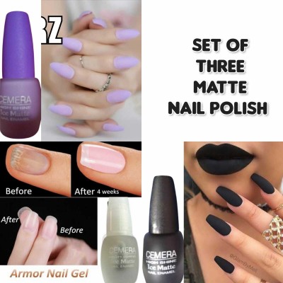 Cemera Ice Matte Toxic Free Nail Polish Combo of 3 Black, Violet, Coat(Pack of 3)