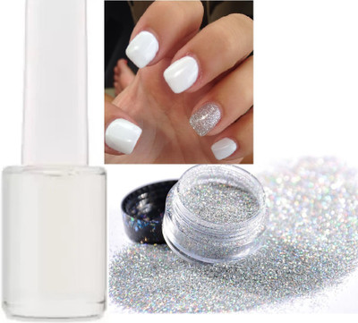 AFARAXIA White nail polish and mini gillter white, silver(Pack of 2)