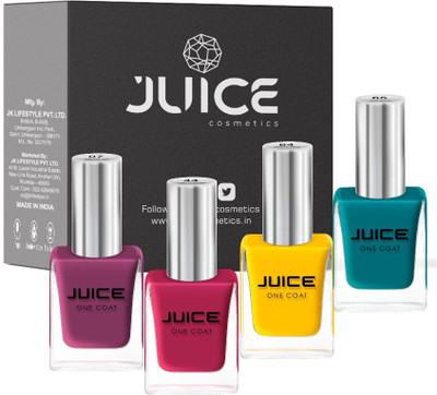 Juice ONE COAT NAIL PAINT COMBO MINERALRED - 07, PRETTY PEACH - 44, LEMON CADMIUM - 64, GLEE GREEN - 65 LONG LASTING 11ML EACH PACK OF 4 MINERAL RED - 07, PRETTY PEACH - 44, LEMON CADMIUM - 64, GLEE GREEN - 65(Pack of 4)