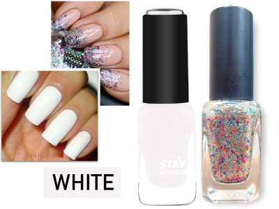 Emijun New Unique HD Shine Quick Dry Long Stay White & Rainbow Nail Paint WHITE, RAINBOW(Pack of 2)