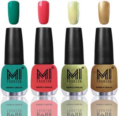 MI FASHION Among the Best Ever Shine Nail Polish Long Lasting Collection of 4 Pcs Combo-124 Sea Green,Light Pink,Metallic Olive Green,Golden(Pack of 4)