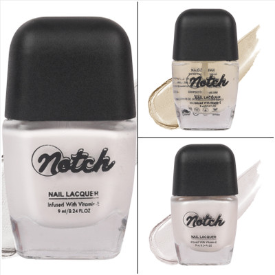 Notch 9ml Each Premium Long Lasting HD Finish Smooth Matte Look Nail Polish/ Enamel (Pure White), (Base Coat), (Pearl White)(Pack of 3)