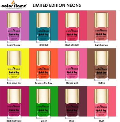 COLOR FLAME Neon Edition Super Stay HD Shine Non UV Long Lasting New Nail Polish Set Combo Multicolor(Pack of 12)