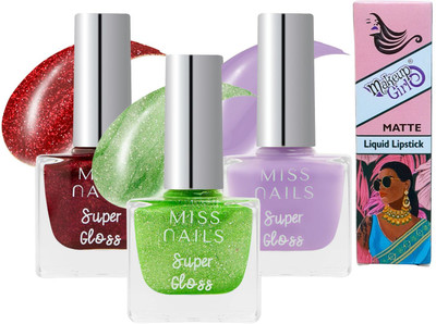 Miss Nails Super Gloss Set of 3 Combo SG11 Free Lipstick Multi(Pack of 4)