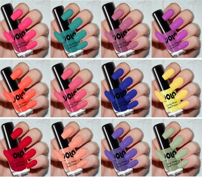 Volo True Wear High Gloss Impresso Nail Polish Sets of 12 Nail Paints Combo-No-71 Passion Pink, Radium Green, Peach Pink, Bright Plum, Coral, Light Pink, Red, Yellow, Royal Blue, Light Peach, Dark Purple, Olive Green(Pack of 12)