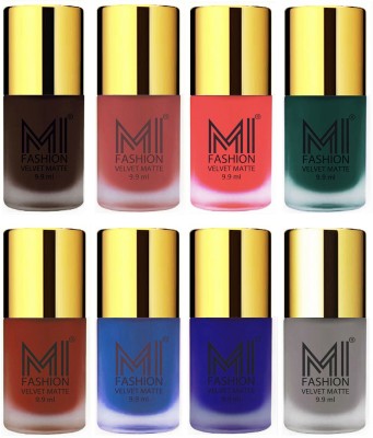 MI FASHION Unique Velvet Matte Nail Polish Sets Cosmetics Nail Paint Combo-No-10 Dark Brown,Light Peach,Neon Orange,Dark Green,Cherry Red,Navy Blue,Royal Blue,Grey(Pack of 8)