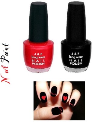 J & F Waterproof Super Shine Glossy Nail Paint Red, Black(Pack of 2)