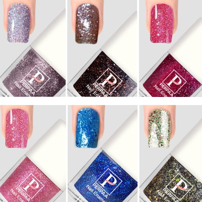 Perpaa Glitter Nail Polish Sparkle effect enamalfor Women 5 ml each, C25 Turquoise,Lavender,Brown,Pink,Baby Pink,Green(Pack of 6)