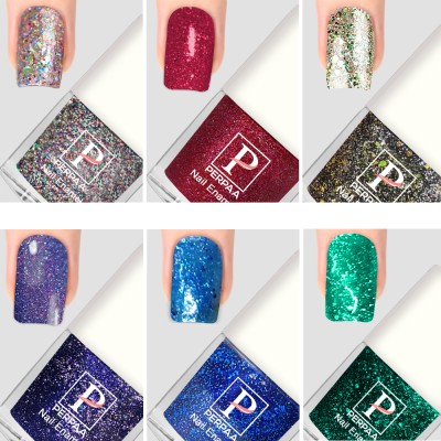 Perpaa Glitter Nail Polish Sparkle effect enamalfor Women 5 ml each, C7 Silver,Red,Green,Royal Blue,Turquoise,Dark Green(Pack of 6)