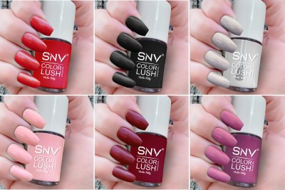 SNV Elevate your nail game with premium quality brush High Shine Nail Polish Set Candy Red,Black,Pastel Grey,Blossom Pink,Cherry red,Mauve Purple(Pack of 6)