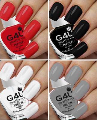 G4U Bright 4 Pcs Quick Dry Nail Polish Kit A50 Red-Black-Top Coat-Grey(Pack of 4)