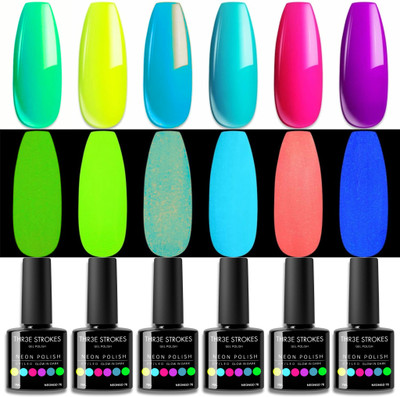 THR3E STROKES UV Gel Nail Polish Set Neon Glow Colors Glow in the Dark Gel Polish Kit 7.5ml NeonGD 76(Pack of 6)