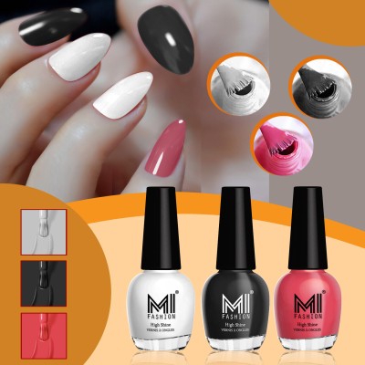 MI FASHION Ultra Glossy & HD Shine, Long-Lasting Nail Polish Combo For Professional Look Milky White,Jet Black,Coral Compass(Pack of 3)