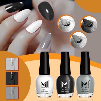 MI FASHION Ultra Glossy & HD Shine, Long-Lasting Nail Polish Combo For Professional Look Milky White,Jet Black,Grey(Pack of 3)