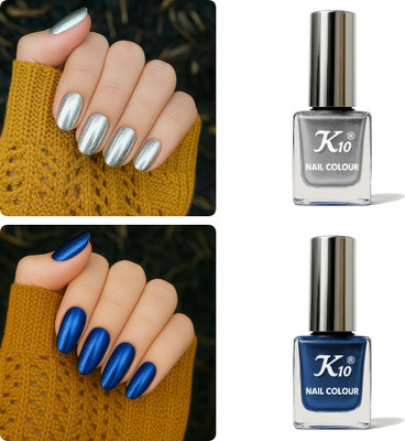 K10 Metallic Nail Polish Combo Multicolor (12ML Each) Silver,Blue(Pack of 2)
