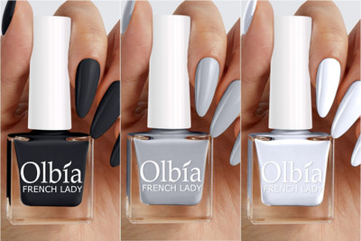 Olbia Nail Polish Combo | Long Wear, Quick Dry Nail Paint (Let's Magic Happen) Black, Dark Grey, White(Pack of 3)
