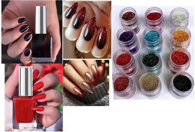 Jiwoo Wine colour best TOXIN NAIL POLISH WITH BIG GLITTER SET red, BLACK(Pack of 2)