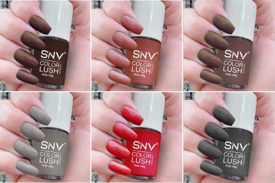 SNV Elevate your nail game with premium quality brush High Shine Nail Polish Set Coco Brown,Copper Rust,Latte Brown,Grey,Candy Red,Smokey Grey(Pack of 6)