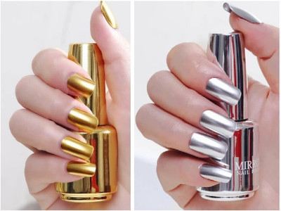 EVERERIN Metallic Mirror Effect Long-Lasting Quick Dry Nail Polish Combo Silver, Golden(Pack of 2)