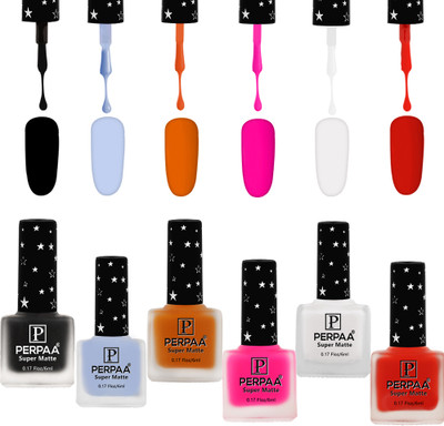 Perpaa Super Matte Finish Nail Polish for Women,C 7 (6ml each) Black ,Rust ,Magenta ,White ,Red ,Sky Blue(Pack of 6)
