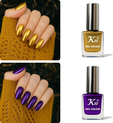K10 Trendy Color Nail Paint Golden,Purple(Pack of 2)