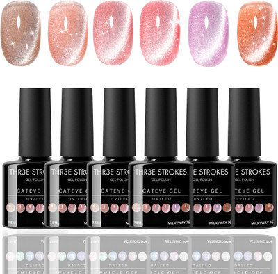 THR3E STROKES UV Gel Nail Polish Set Magnetic Gel Soft Colors Cat Eye Gel Polish Kit 7.5ml MilkyWay 76(Pack of 6)