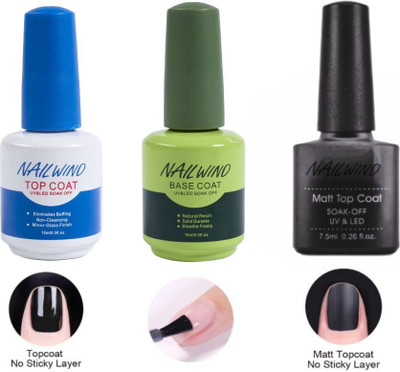 NAILWIND Combo Kit of UV Top Coat Glossy & Matte and Base Coat 7.5ml Each Pack Nail Art Design Manicure Gifts for Women, Transparent Pack of 3(Pack of 3)