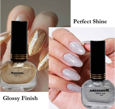 manasona Nail Polish Combo set of 2 and Shimmer Top Coat ( Gold , Silver )(Pack of 2)