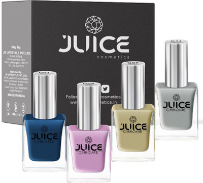 Juice ONE COAT NAIL PAINT COMBO COBALT BLUE - C01, CHROME LAVENDER - C04, EGG GOLD - C07, MOON LIGHT - C11 LONG LASTING 11ML EACH PACK OF 4 COBALT BLUE - C01, CHROME LAVENDER - C04, EGG GOLD - C07, MOON LIGHT - C11(Pack of 4)