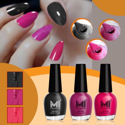 MI FASHION Highly Shiny Nail Polish for HD Shine Texture & Never Ending Nail Polish Combo Jet Black,Bright Plum,Moon Magenta(Pack of 3)