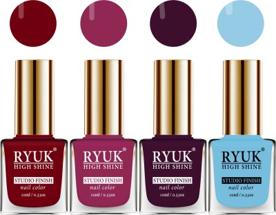 RYUK HD Colors Long Lasting Glossy Gel Effect Nail Paint 40 ml (RYNPS-233) Blued Red, Dark Magenta, Wine, Sky Blue(Pack of 4)