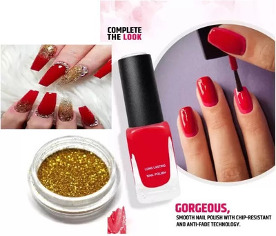 AFARAXIA NAIL PAINT WITH GLITTER LOOSE POWDER RED(Pack of 2)