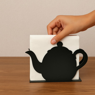 SHR Enterprises 1 Compartments Metal Kettle Shape Tissue Paper Holder for Table | Decorative Napkin Holder Stand(Black)