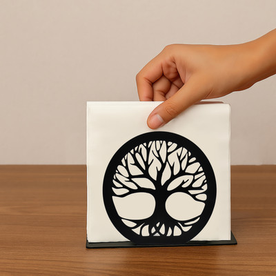 SHR Enterprises 1 Compartments Metal Tree of Life Design Tissue Paper Holder for Table | Napkin Holder Stand(Black)
