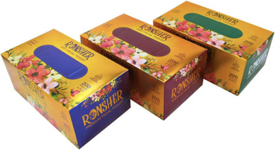 RONSHER 2 Ply Luxury Facial Tissue Paper | 200 Pulls Each | Pack of 3 White Paper Napkins(3 Sheets)