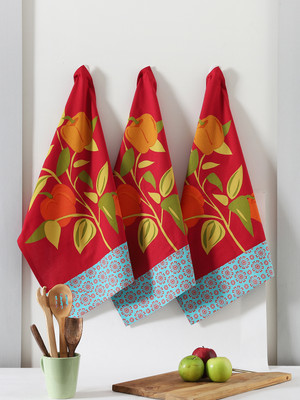 RATAN CART Red Cotton Vegie Printed Kitchen Towel Set Of 3 Red Cloth Napkins(3 Sheets)