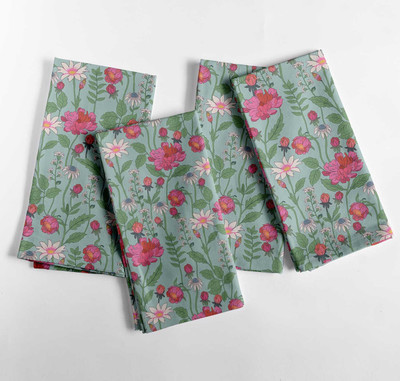 Vargottam Green & Pink Floral Desgin Cotton Canvas Napkins for Table Settin-Set of 12 Dusty Green & Pink Cloth Napkins