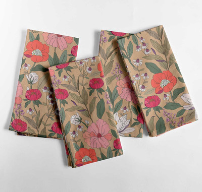 Vargottam Dark Beige Floral Pattern Cotton Canvas Napkins for Picnics Use-Set of 12 Dark Beige Cloth Napkins