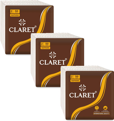 CLARET 2-Ply, 50 Pulls (30x30 cm) | Pack of 3 - Soft, Super Absorbent, Virgin Pulp White Paper Napkins(300 Sheets)