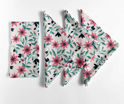 Vargottam White & Pink Floral Pattern Cotton Canvas Napkins for Events - Set of 12 White & Pink Cloth Napkins